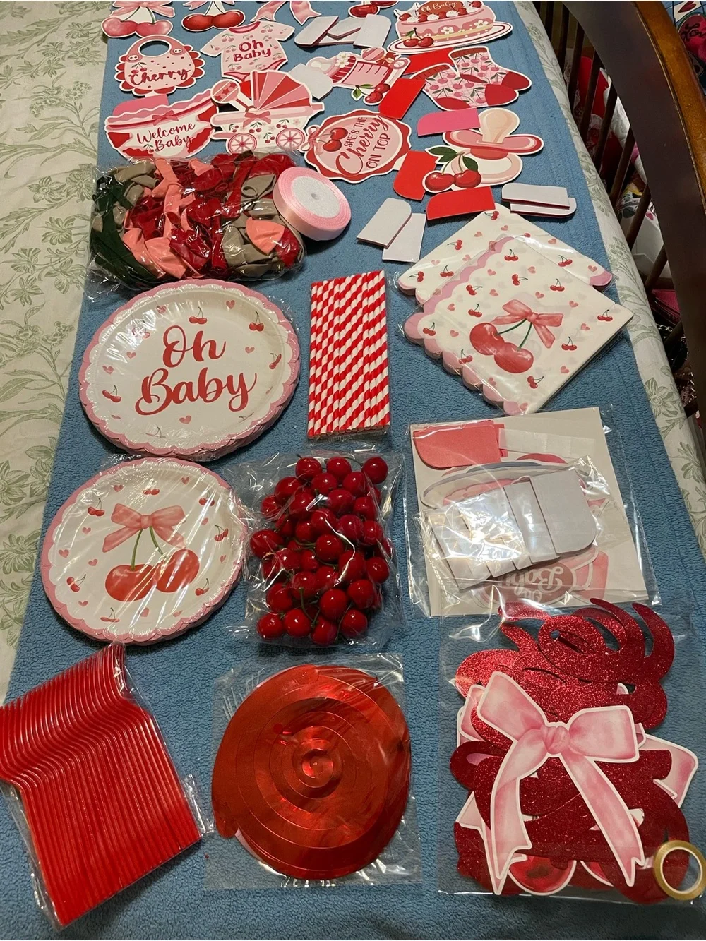 Oh Baby Cherry-Themed Party Supplies Set - Pink & Red